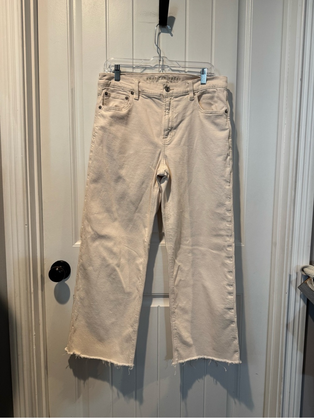 American Eagle Outfitters Cream Wide-Leg Raw Hem Jeans